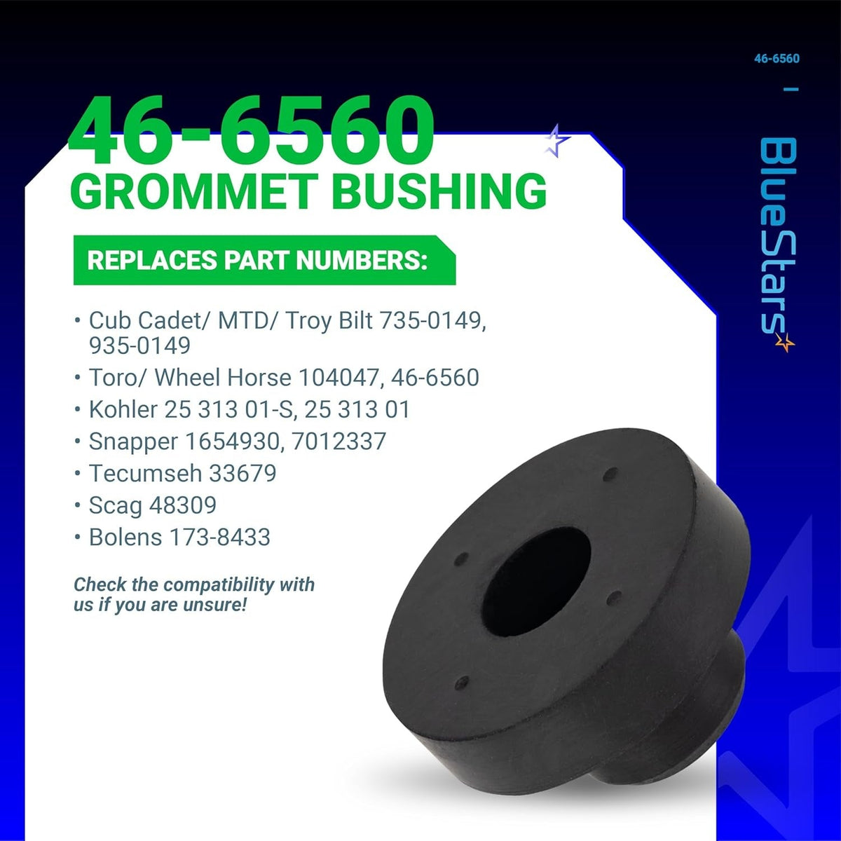 46-6560 fuel tank grommet bushing for MTD, Troy-Bilt, and lawn mower engines shown on an informational product card.