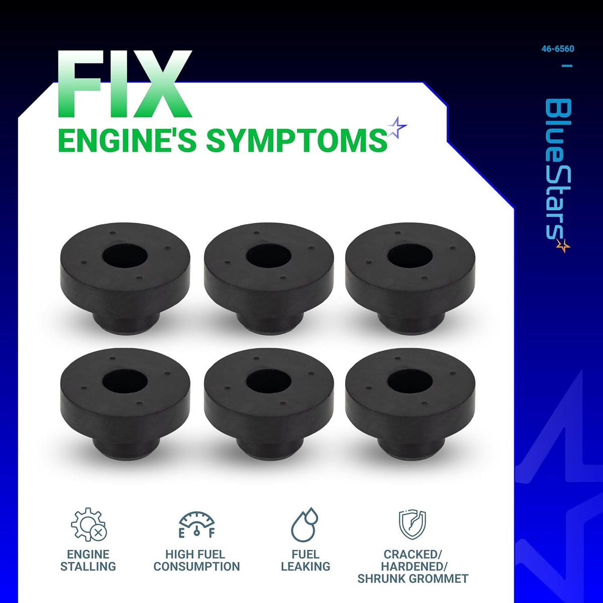 Pack of 6 black fuel tank grommet bushings for MTD, Troy-Bilt, and Tecumseh lawn mower engines.
