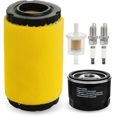 Engine maintenance kit with air filter, oil filter, fuel filter, and two spark plugs for lawn mower engines.