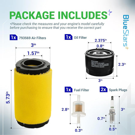Package contents infographic showing air filter, oil filter, fuel filter, and spark plugs with dimensions.
