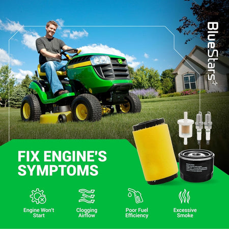 Maintenance kit with air filter, oil filter, and spark plugs for John Deere and Craftsman riding lawn mowers.