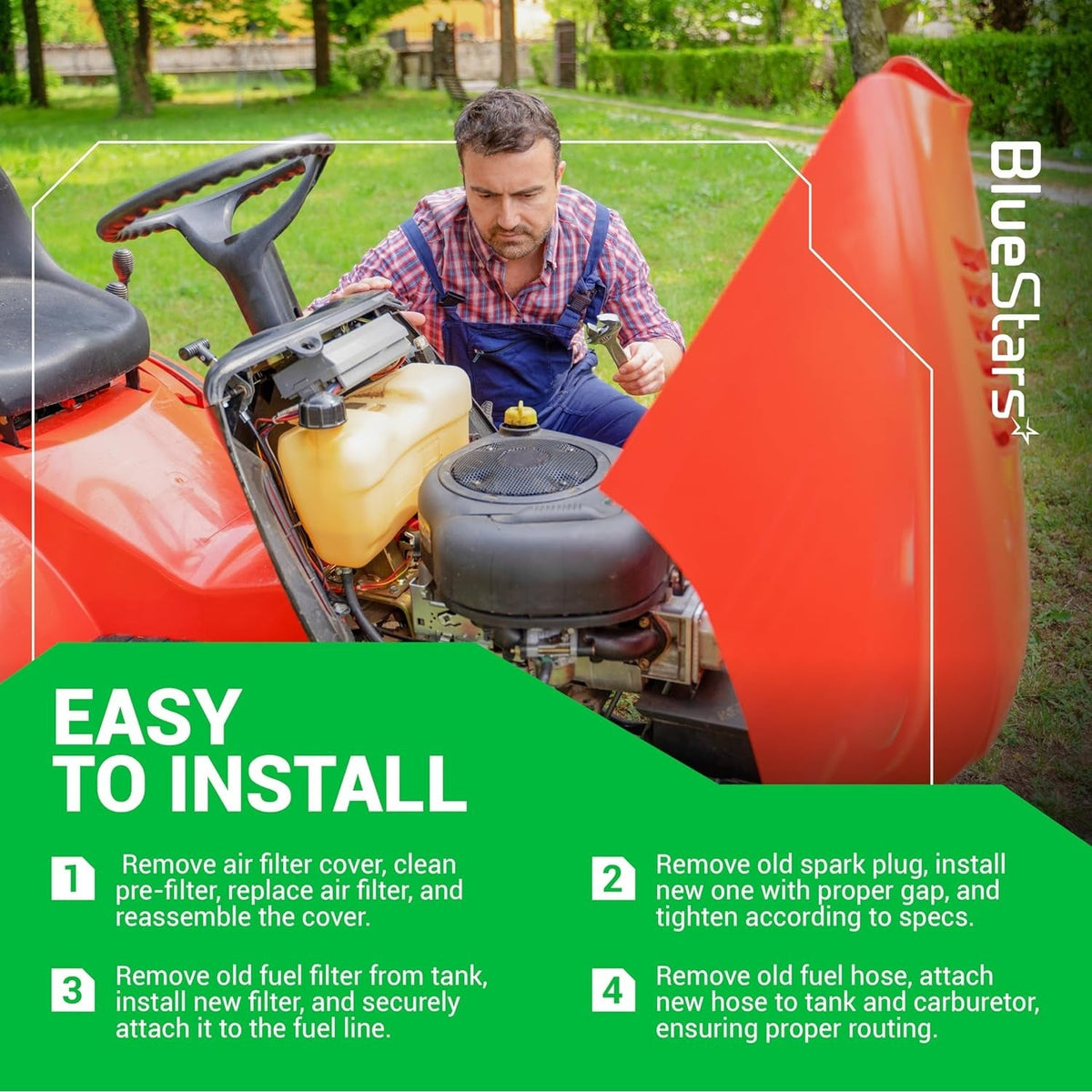 Mechanic performing maintenance on a riding lawn mower with easy installation instructions for air and oil filters.