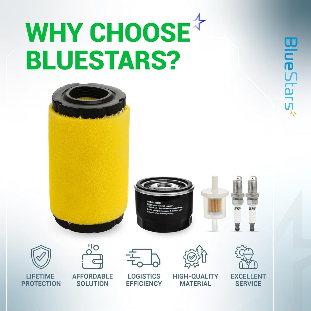 Replacement air filter, oil filter, fuel filter, and spark plugs for Intek and John Deere lawn mower engines.