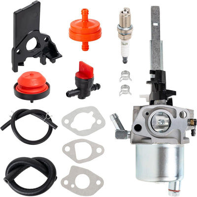 920021 carburetor replacement kit including fuel lines, gaskets, spark plug, primer bulb, and fuel shut-off valve.