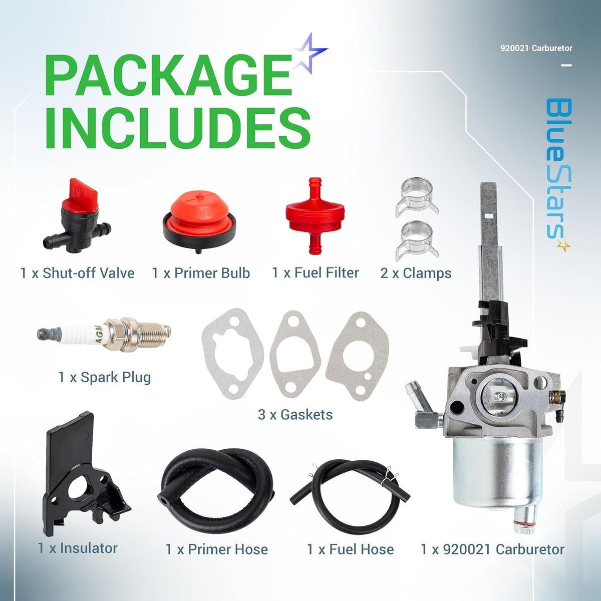 920021 carburetor replacement kit including carburetor, spark plug, fuel filter, primer bulb, gaskets, and hoses.