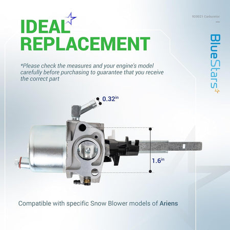 920021 carburetor replacement part for Ariens snow blowers with measurement labels showing 0.32in and 1.6in dimensions.