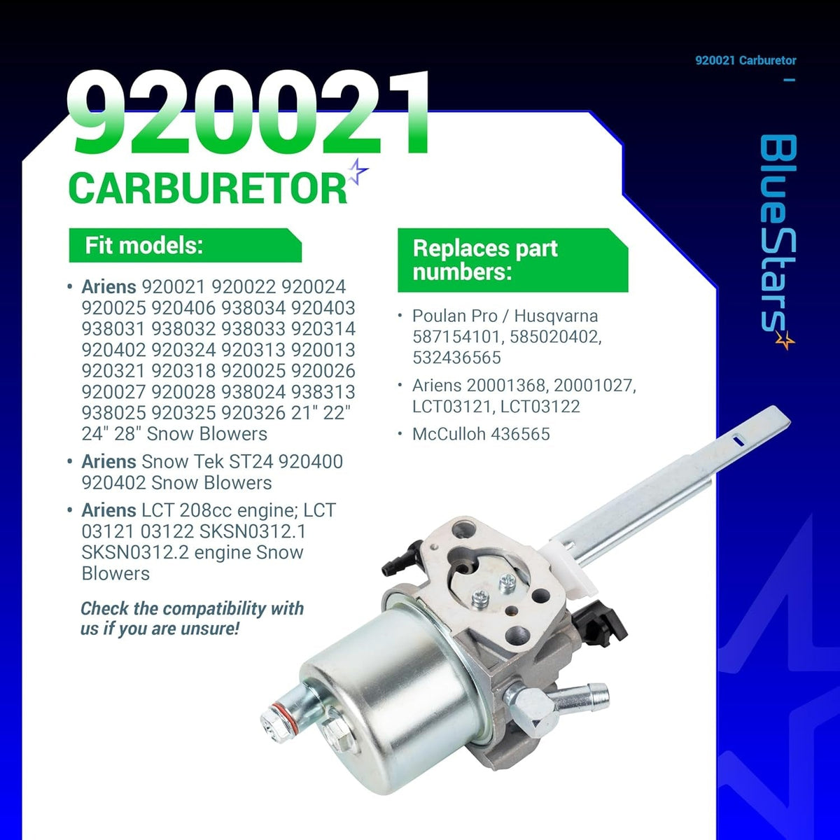 920021 carburetor replacement part for Ariens snow blowers with compatibility list and part numbers.