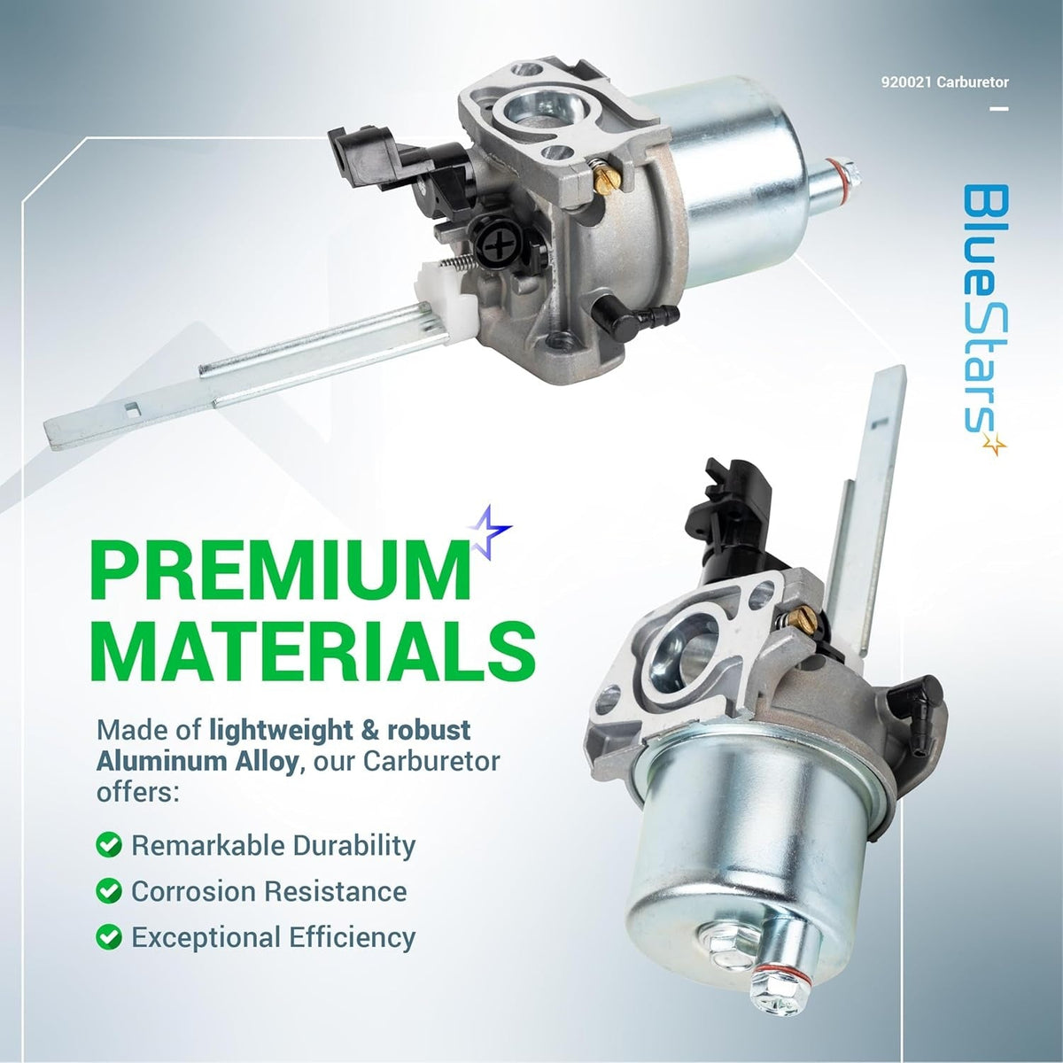 Two views of the 920021 aluminum alloy carburetor showing its durable construction and metal fuel bowl.
