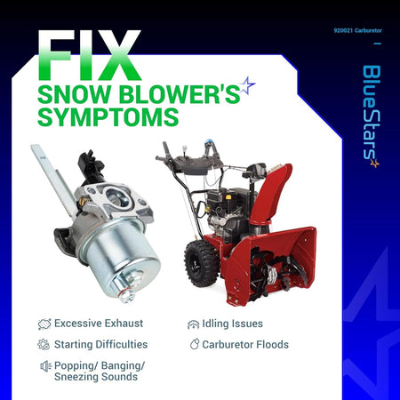 920021 carburetor replacement part shown with a snow blower to illustrate common engine repair symptoms.