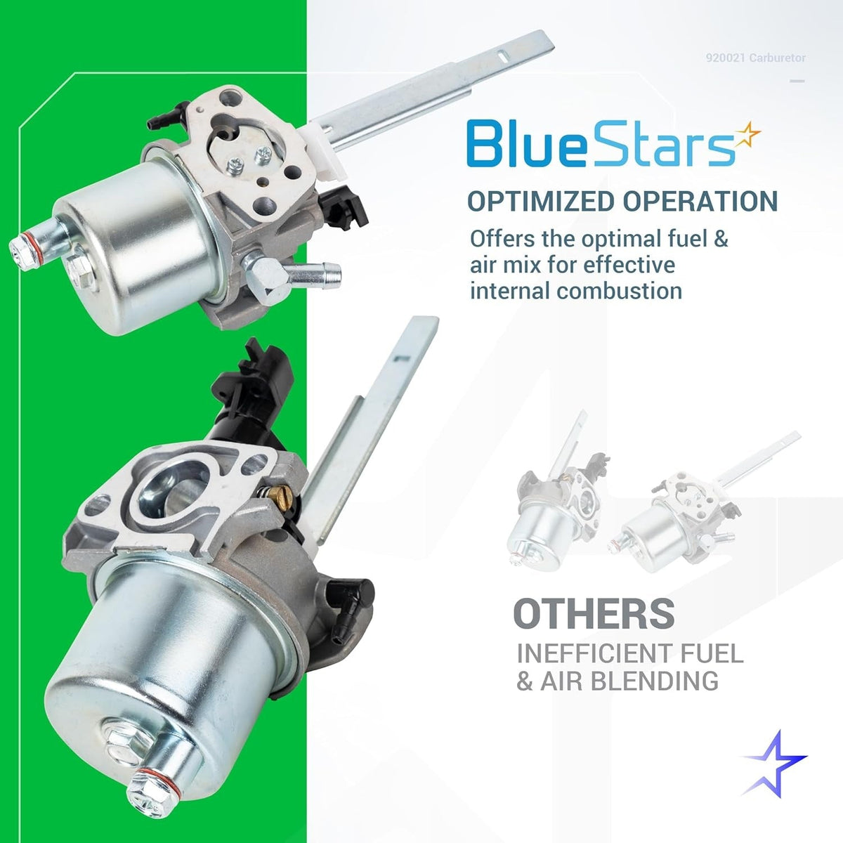 BlueStars 920021 carburetor replacement part showing two different angles for optimized fuel and air mixing.