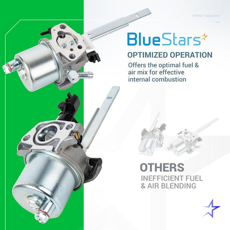 BlueStars 920021 carburetor replacement part showing two different angles for optimized fuel and air mixing.