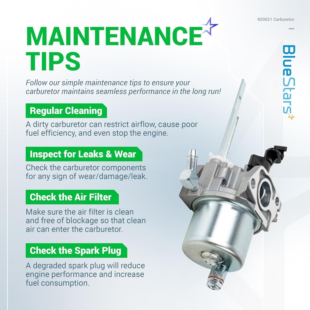 920021 carburetor maintenance tips infographic showing the replacement part and engine care instructions.