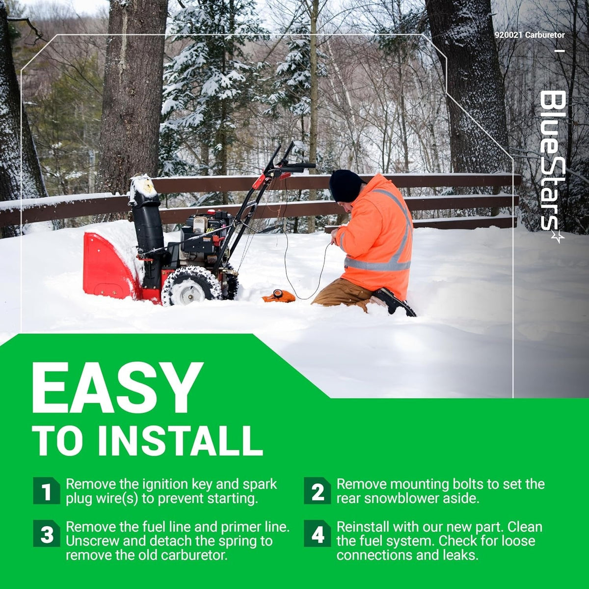 Person repairing a snowblower with 920021 carburetor installation instructions.