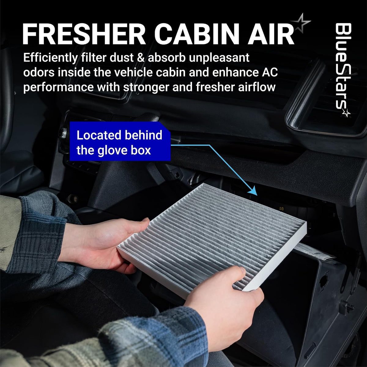Engine & Cabin Air Filter Kit for Hyundai Tucson (2022-2026) NOT FOR HYBRID, cabin filter shown behind glove box