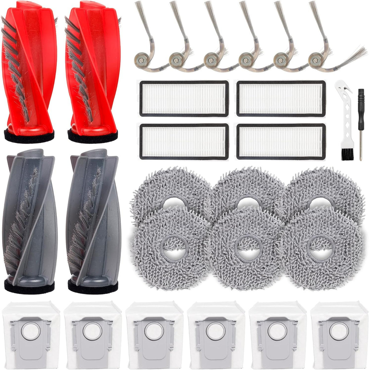 28Pcs Qrevo S5V Replacement Parts Kit, 28-piece assortment of rollers, brushes, filters, mop pads, bags and tools