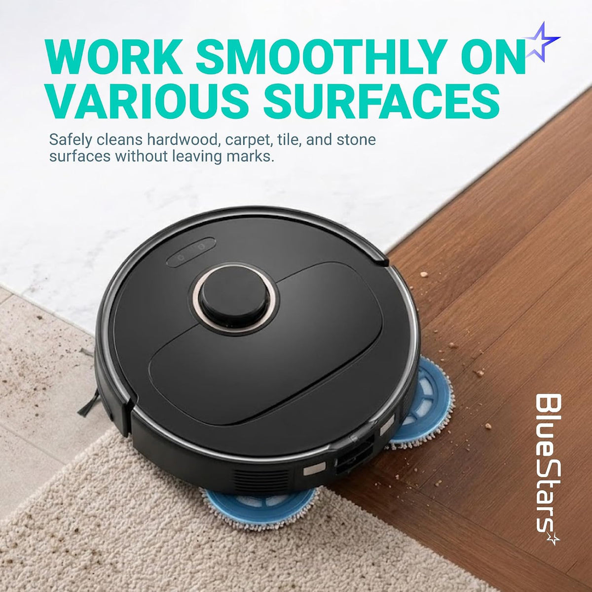 28Pcs Qrevo S5V Replacement Parts Kit shown with a robot vacuum cleaning carpet, tile, and hardwood surfaces