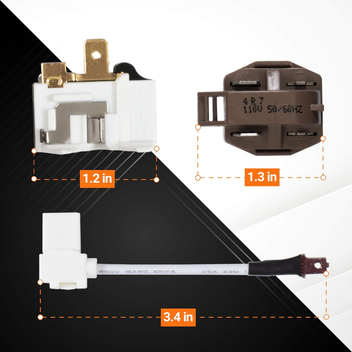 8201786 refrigerator compressor relay start device kit components with dimensions shown.