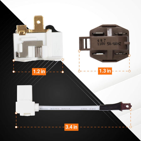 8201786 refrigerator compressor relay start device kit components with dimensions shown.