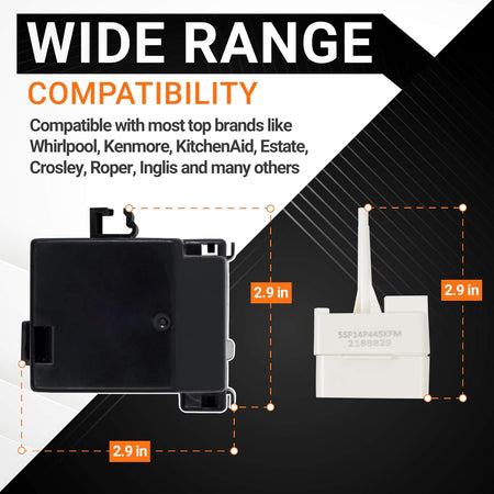 8201786 refrigerator compressor relay start device kit showing dimensions and compatibility for Whirlpool and Kenmore.