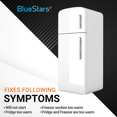 Graphic showing refrigerator symptoms fixed by 8201786 compressor relay start device kit.