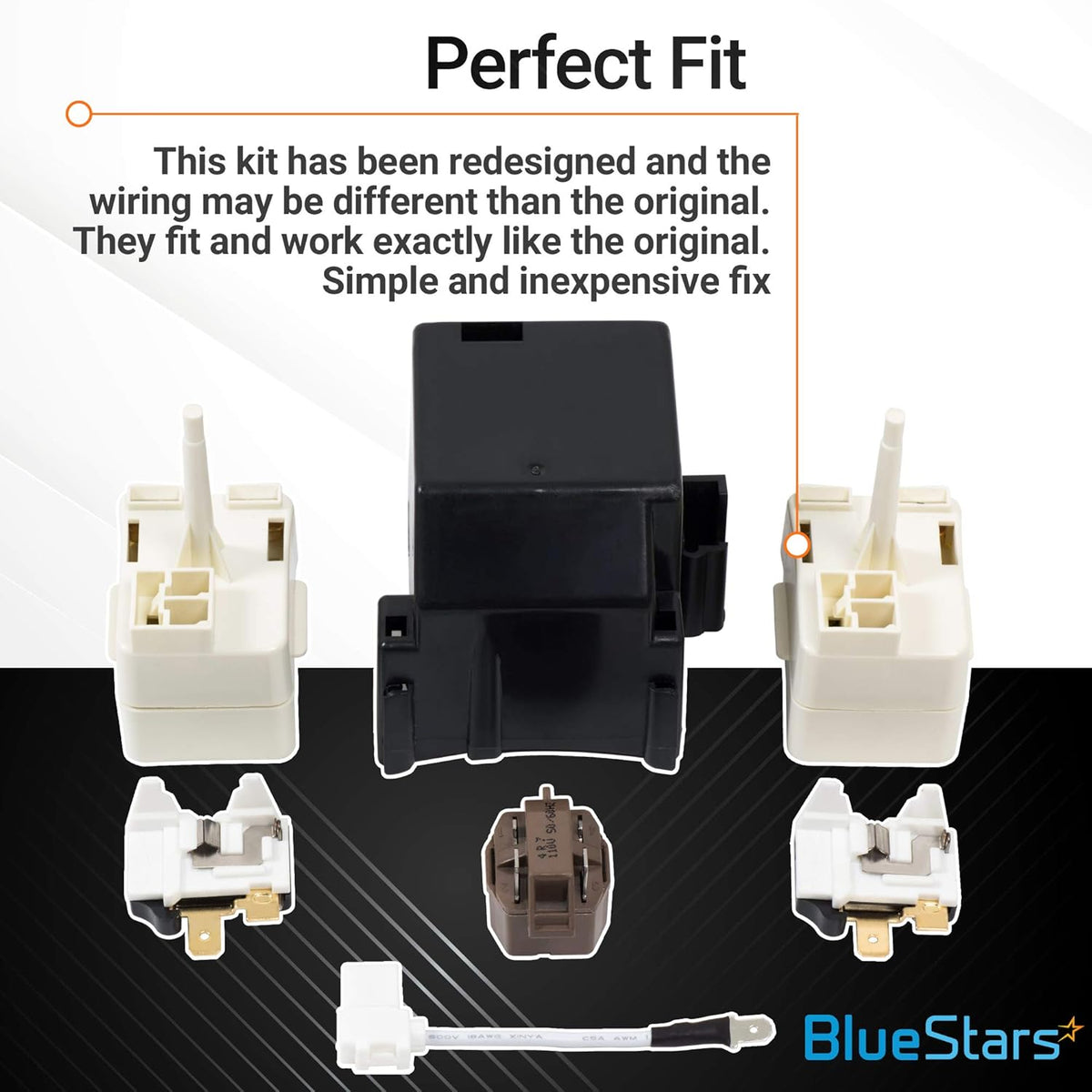 8201786 refrigerator compressor relay start device kit components including black relay, white housings, and wiring.