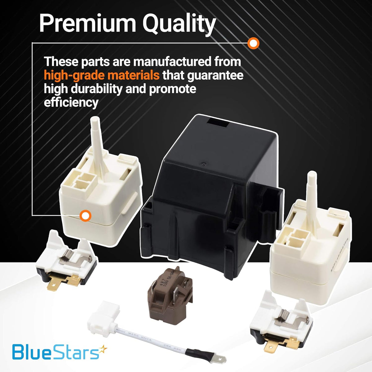 8201786 refrigerator compressor relay start device kit components including black and white relay switches and wire harness.