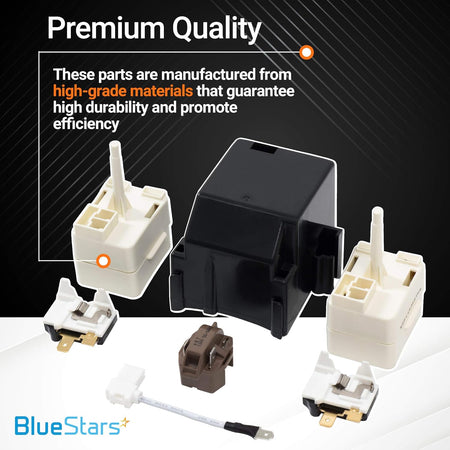 8201786 refrigerator compressor relay start device kit components including black and white relay switches and wire harness.