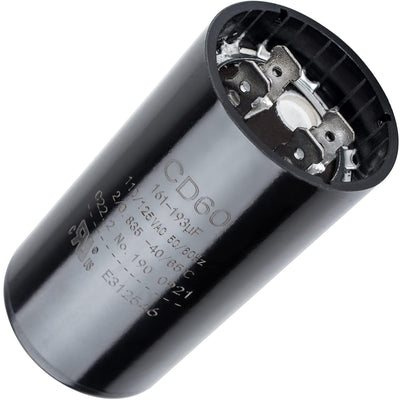 Close-up of CD60 161-193uF 110-125VAC round motor start capacitor with terminal connectors.