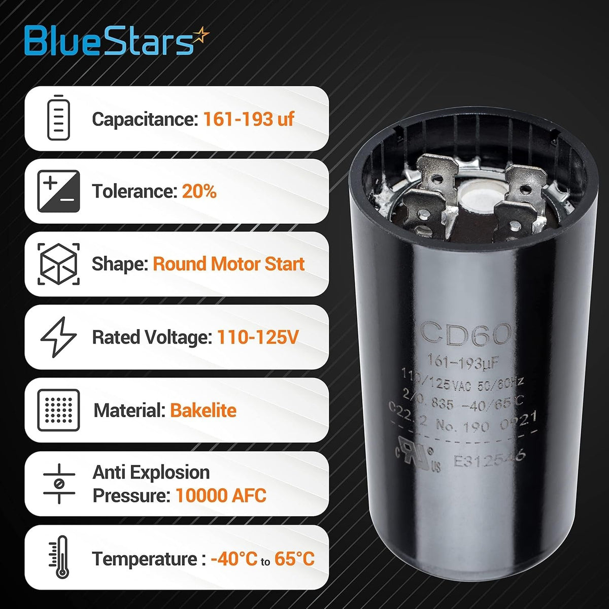 CD60 round motor start capacitor with technical specifications and terminal view.