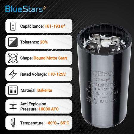 CD60 round motor start capacitor with technical specifications and terminal view.
