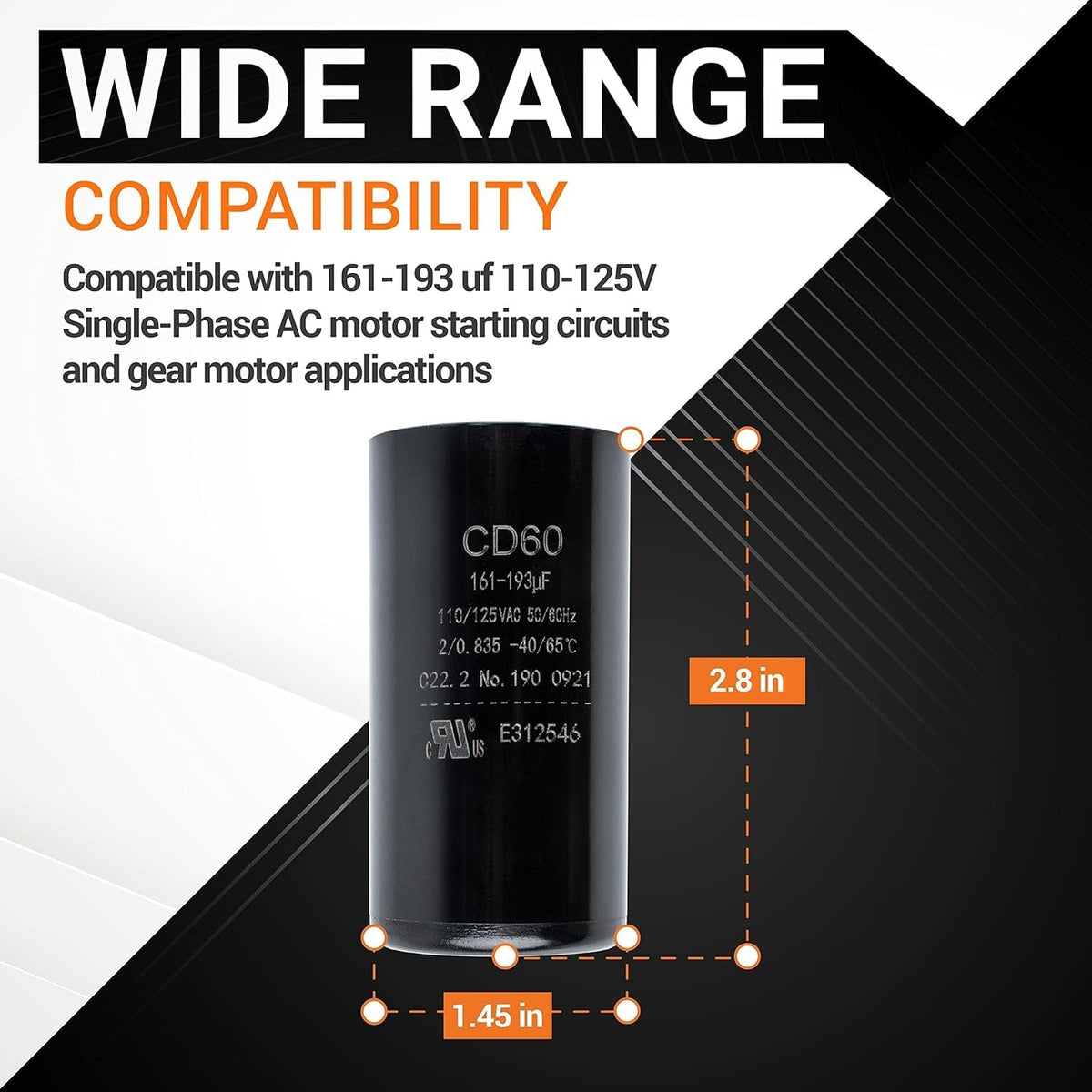 CD60 round motor start capacitor showing 161-193 uF specifications and 2.8 inch by 1.45 inch dimensions.