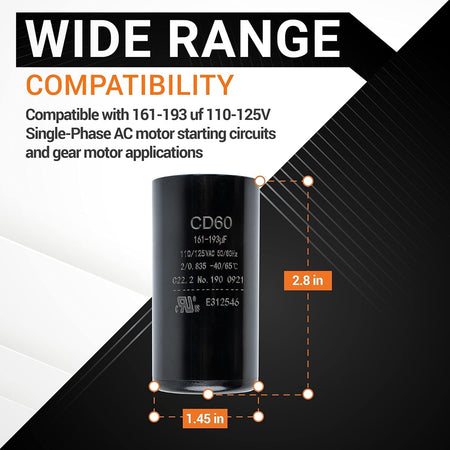 CD60 round motor start capacitor showing 161-193 uF specifications and 2.8 inch by 1.45 inch dimensions.