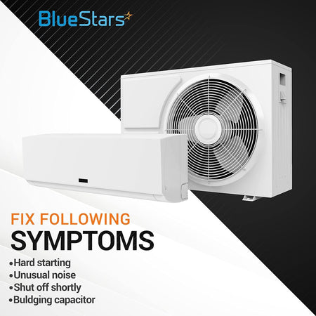 Infographic showing air conditioner units and symptoms fixed by a motor start capacitor.