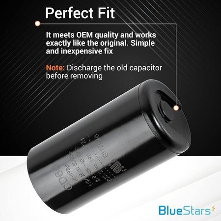CD60 round motor start capacitor 161-193 uF 110-125 VAC with informational text overlay about OEM quality.