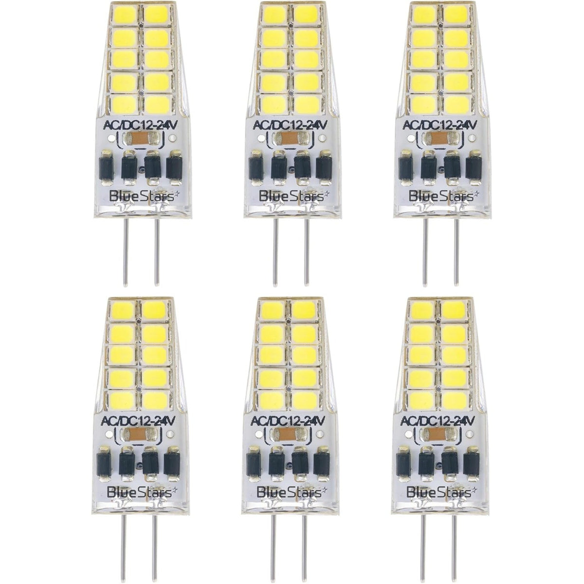 Pack of six 2W G4 LED bi-pin bulbs with daylight 6000K light and 12V compatibility.