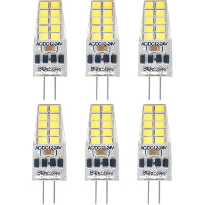 Pack of six 2W G4 LED bi-pin bulbs with daylight 6000K light and 12V compatibility.