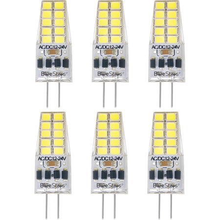Pack of six 2W G4 LED bi-pin bulbs with daylight 6000K light and 12V compatibility.