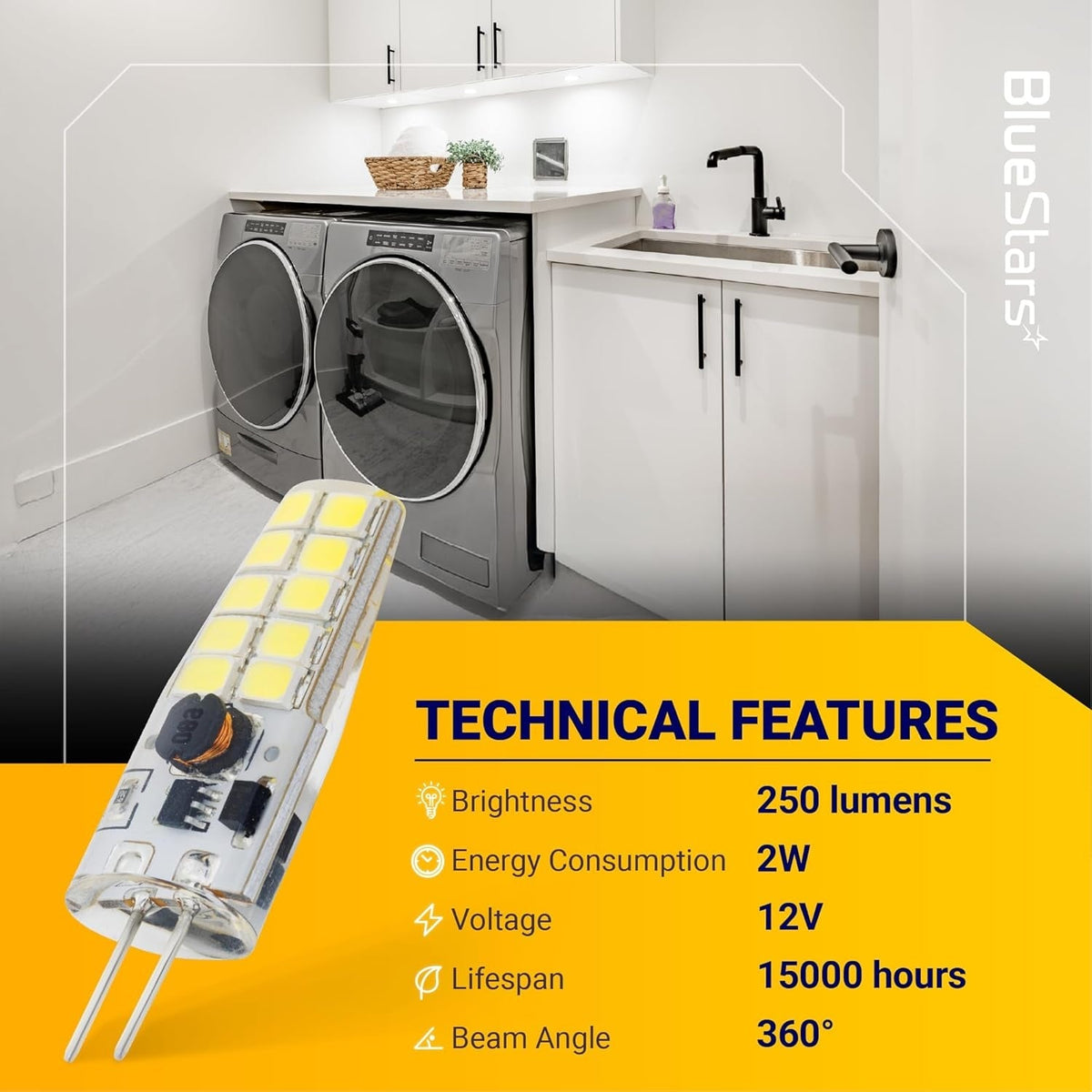 G4 LED bulb with technical specification chart showing 2W, 12V, and 250 lumens for under-cabinet lighting.