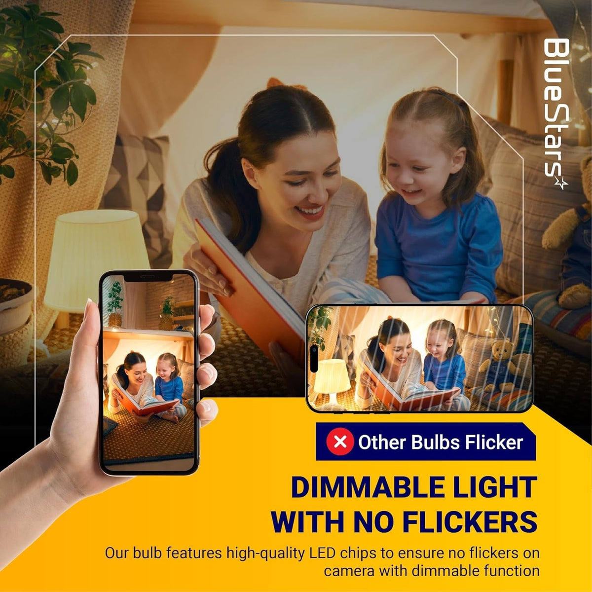 Comparison graphic showing G4 LED bulb flicker-free performance on camera versus standard bulbs.