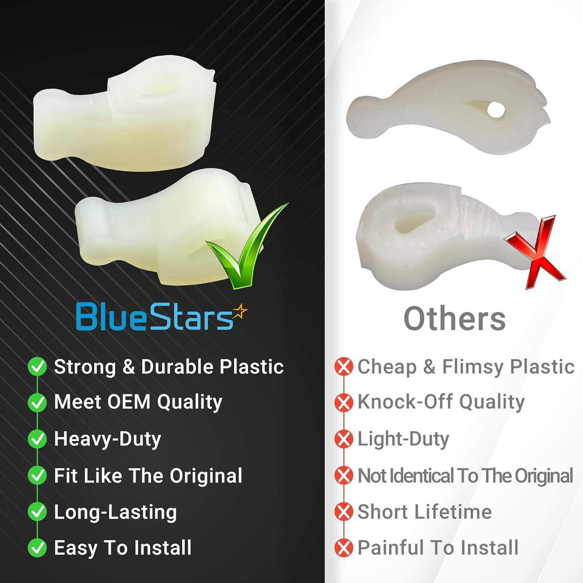 Comparison chart showing BlueStars washer agitator dogs versus lower quality alternatives for Whirlpool and Kenmore.