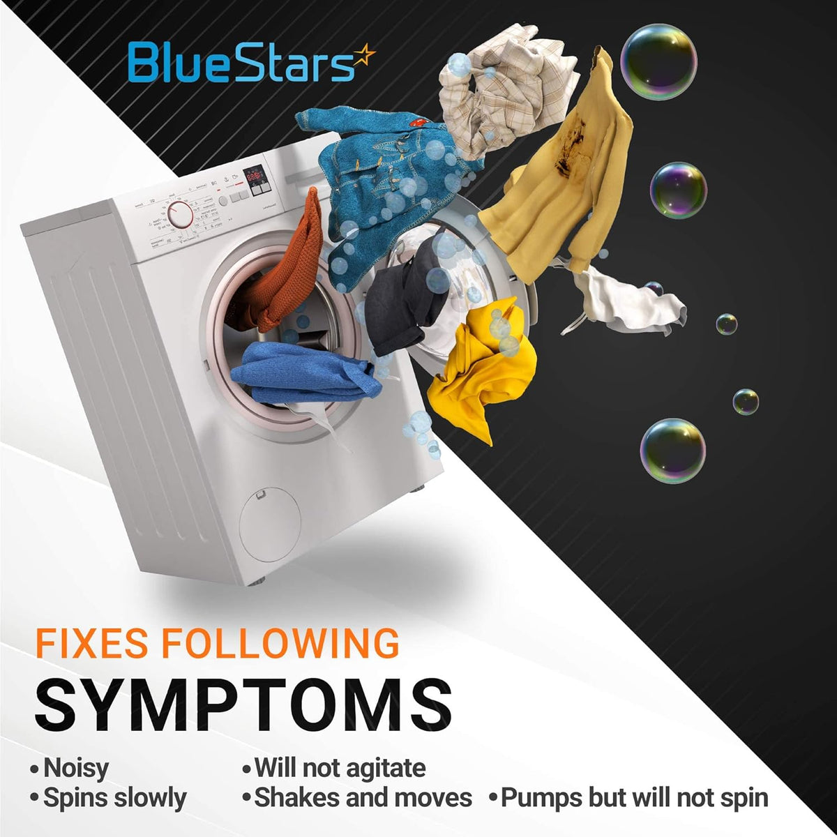 BlueStars washing machine graphic showing symptoms fixed by 80040 agitator dogs like noisy operation and agitation issues.