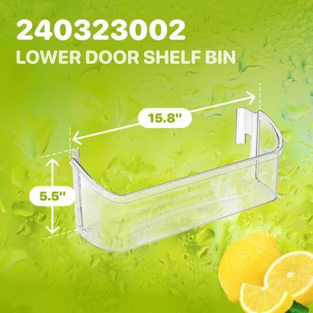 240323002 Refrigerator Bottom Clear Door Shelf Bin with diagram showing 15.8-inch length and 5.5-inch height