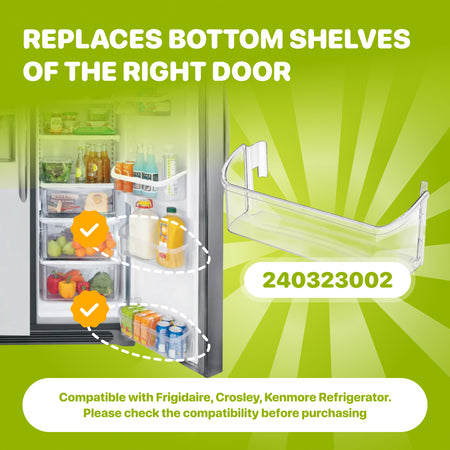 240323002 Refrigerator Bottom Clear Door Shelf Bin, graphic shows clear bin and highlighted bottom right-door shelves