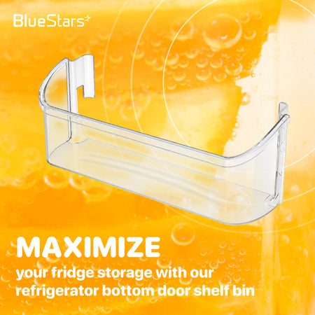 240323002 Refrigerator bottom clear door shelf bin, product view with storage-themed background and promotional text