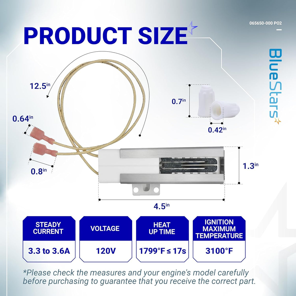 Dimensional diagram of Viking range oven igniter 065650-000 showing measurements and technical specifications.