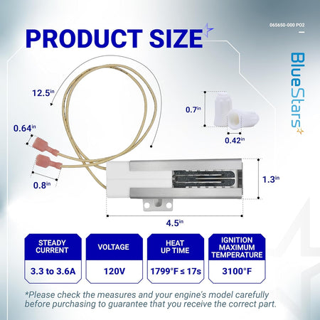 Dimensional diagram of Viking range oven igniter 065650-000 showing measurements and technical specifications.