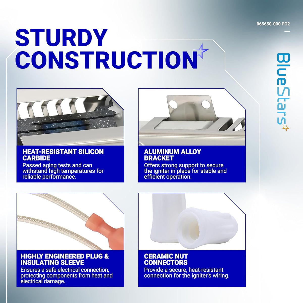 Infographic showing construction details of Viking range oven igniter including silicon carbide, bracket, and connectors.