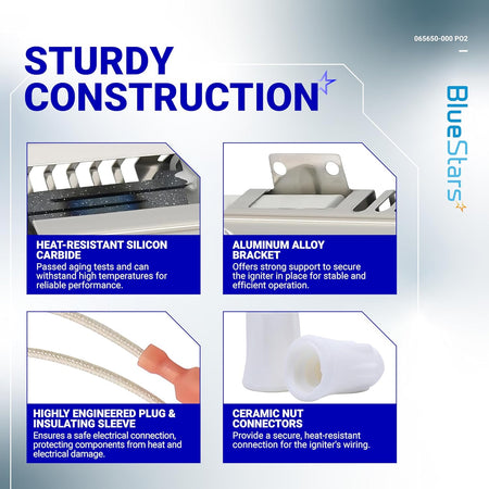 Infographic showing construction details of Viking range oven igniter including silicon carbide, bracket, and connectors.