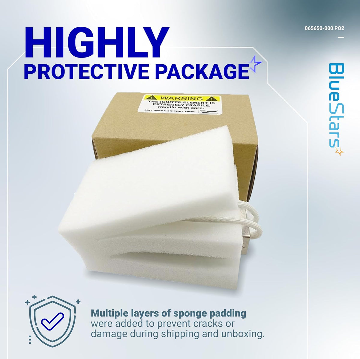 Protective foam packaging for Viking range oven igniter 065650-000 in a cardboard box.