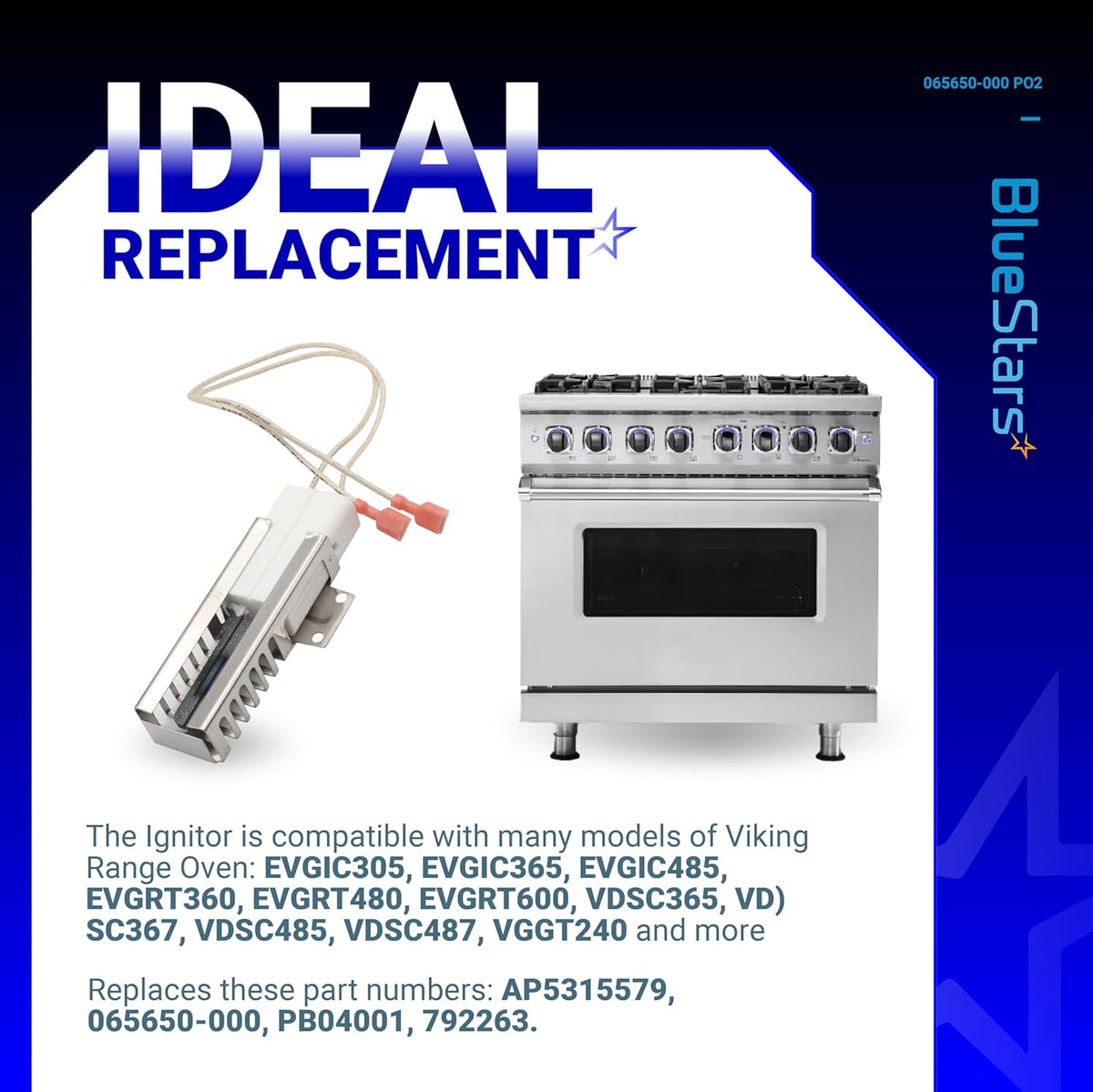 PB040001 range oven igniter for Viking gas stoves with compatible oven model and part number information.